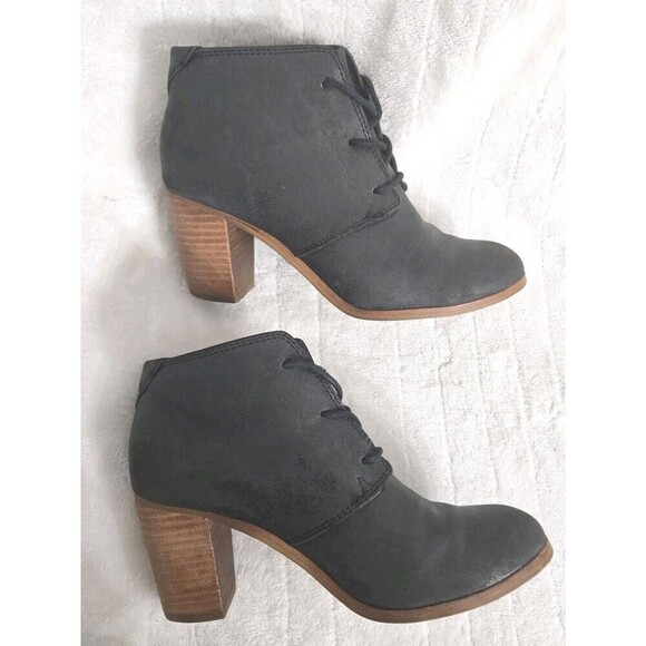 TOMS Lunata Black Suede Lace Up Ankle‎ Bootie Wood Stack Chunky Dressy Heels Sz6 - Picture 5 of 11